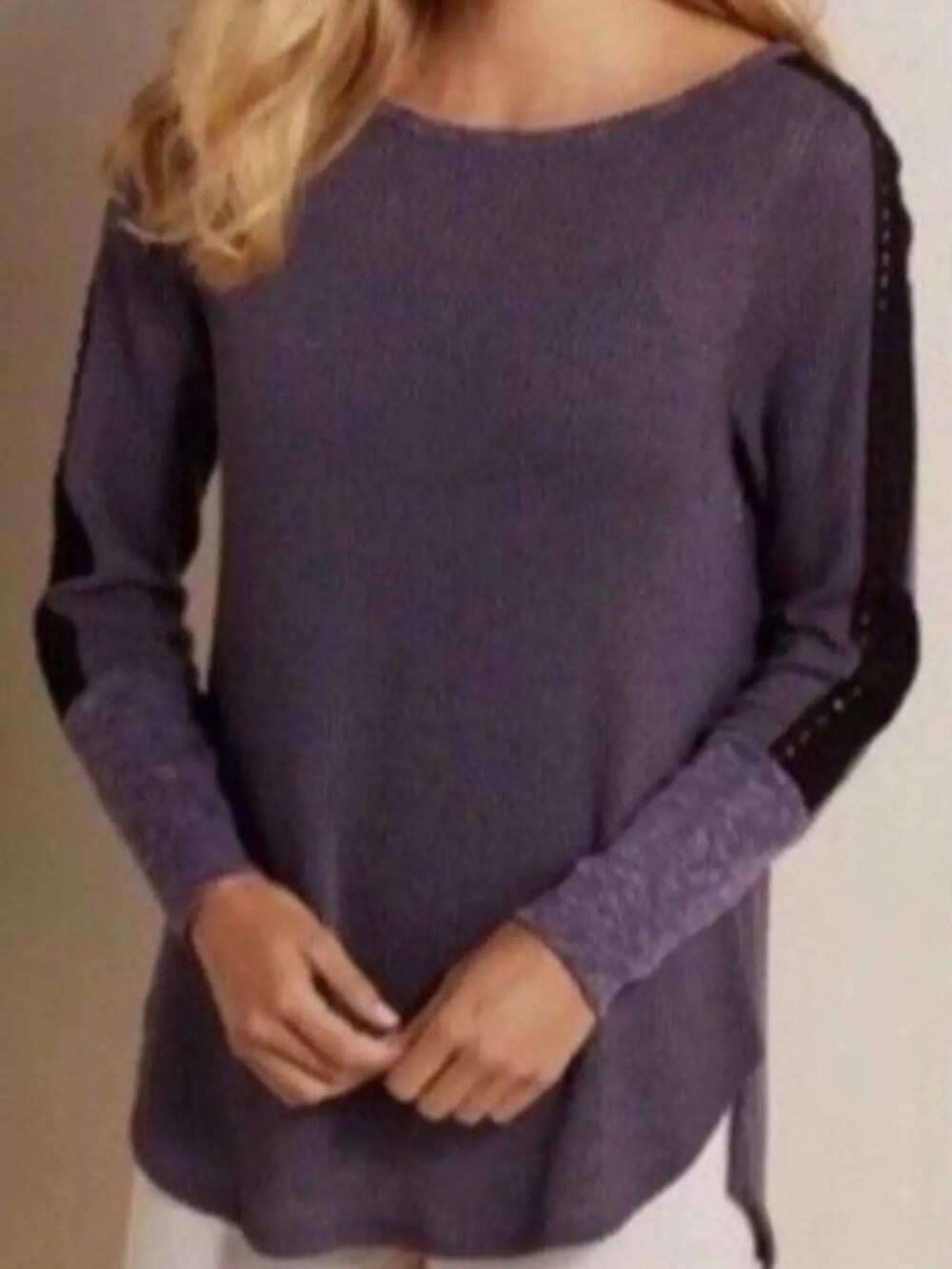 Soft Surroundings, Women's Plum Top, Waffle Knit, Lace Sleeves, Size PM